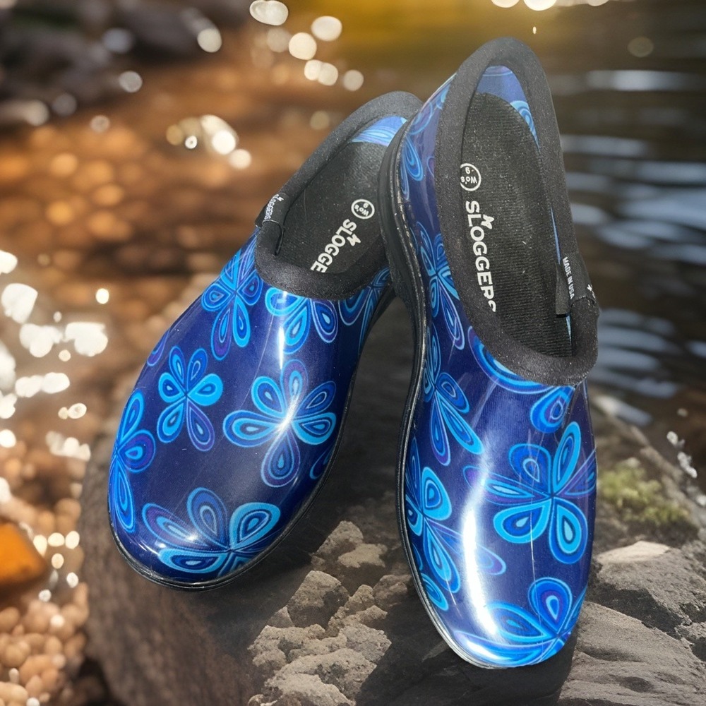 Sloggers Waterproof Slip Resistant GARDEN SHOES Blue Floral Slip On Size 9 USA